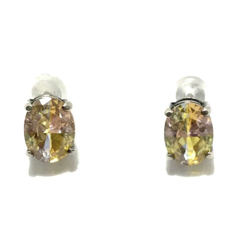Sterling Silver Earrings Pink Yellow 8x6mm Gemstones Studs 925 Posts